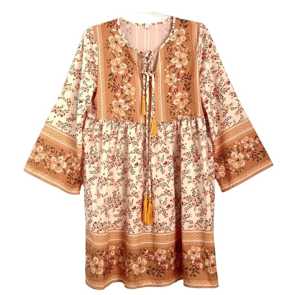 Made With Love size S Patterned Tunic Dress Loose Peplum Double-Tassel Tie Boho